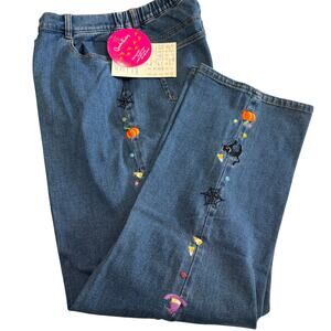 Quacker Factory Halloween Embroidered Beaded Jeans Spooky Cat Ghost Size Large
